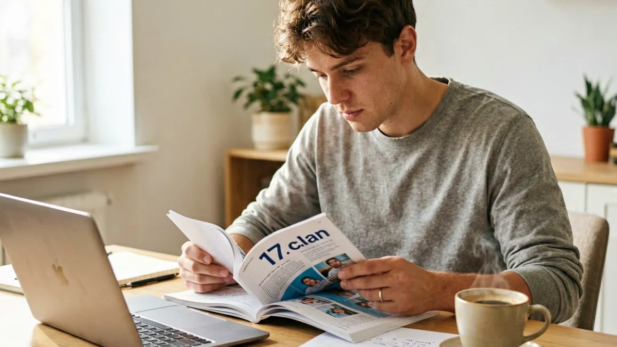 一名新手用户坐在桌前认真阅读关于17.c的入门资料，桌上摆有笔记本和水杯，场景轻松专注