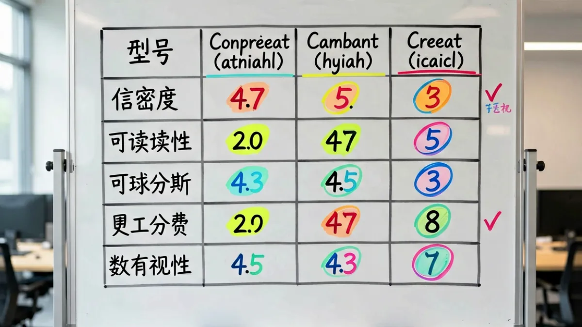 17.c 深度横评专题封面，多个同类内容排成对比矩阵，编辑在白板上标注评分维度